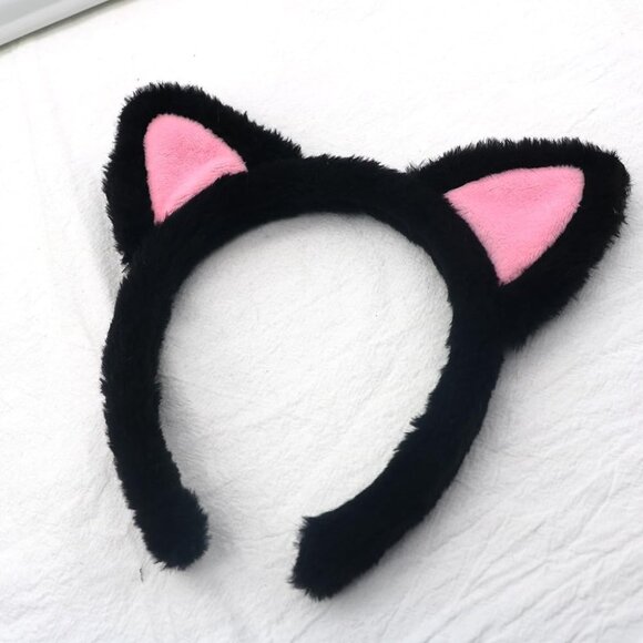 Women's Black White Cat Ears Headband 2-Pack Plush Fuzzy Hairbands for Cosplay - Picture 4 of 6